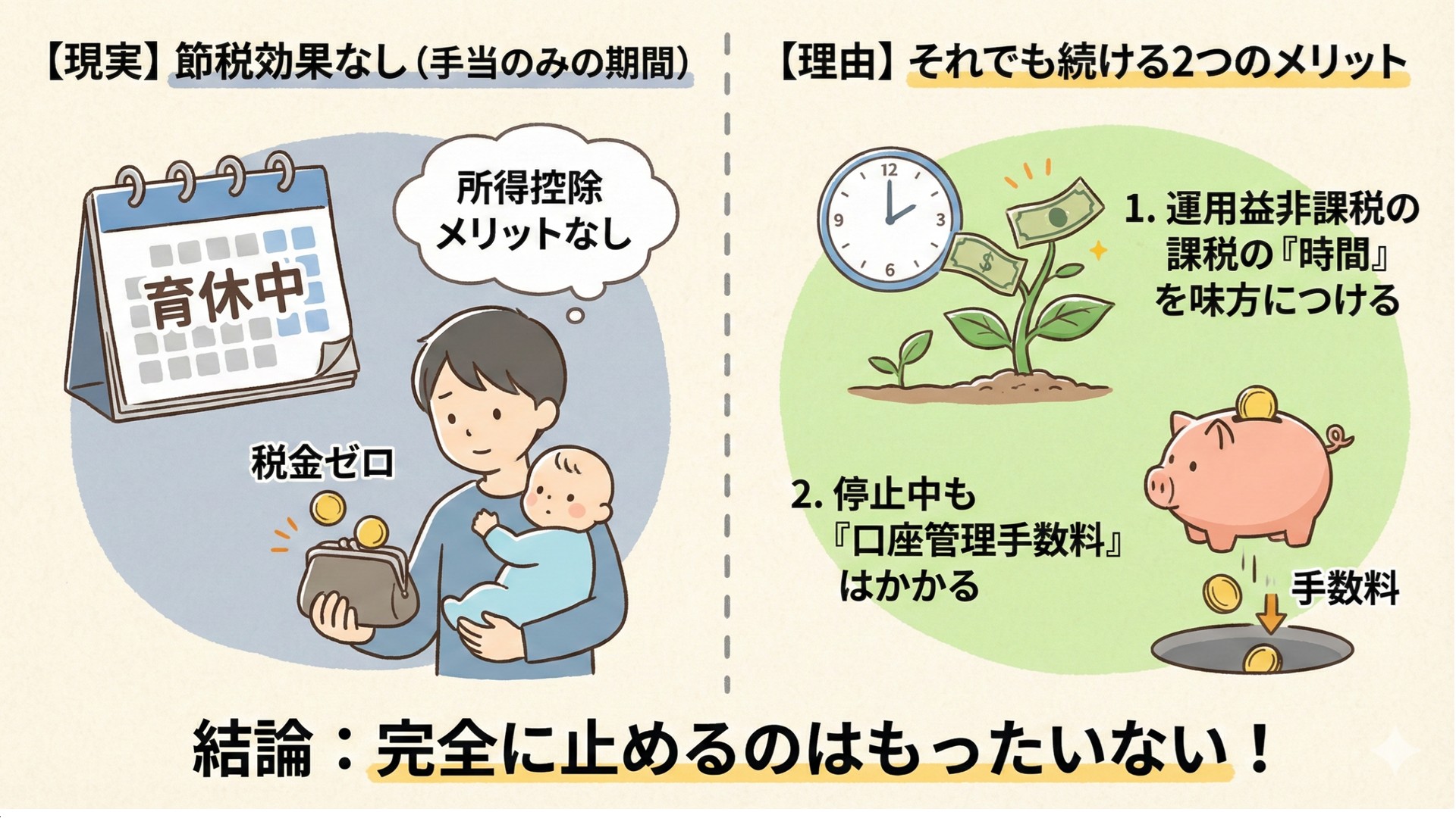 iDeCo×育休】収入減でも続けるべき？節税効果なしの現実と家計を守る3